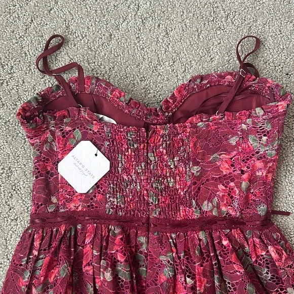 Altar’d State Liora Floral Maxi Dress Burgundy Lace Floral Corset Ribbon SZ XS - Picture 9 of 11